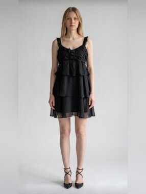 MNG! LUXE BLACK RUFFLED, LAYERED SILK LOOK (POLY) PARTY DRESS! FULLY LINED! SZ M